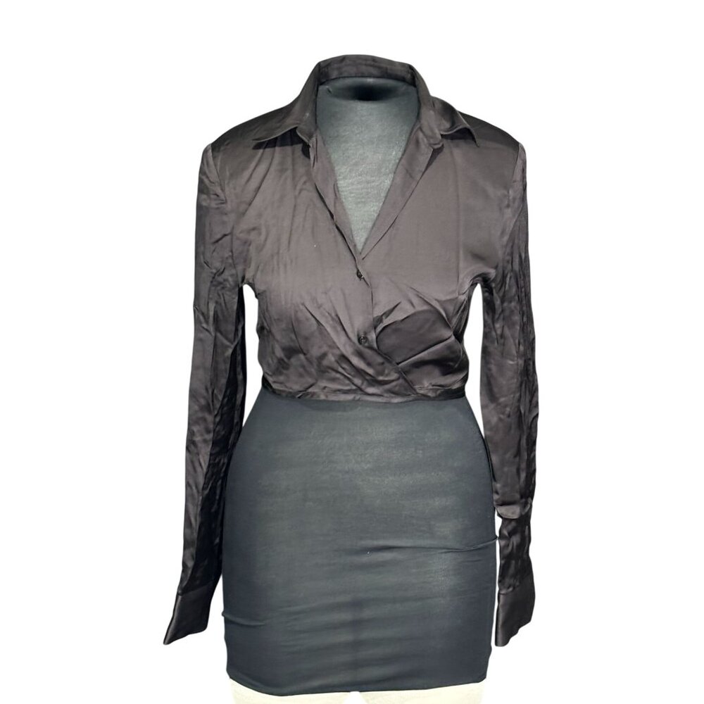 Zara Black Wrap-Style Button-Up Long Sleeve Shirt Womens S